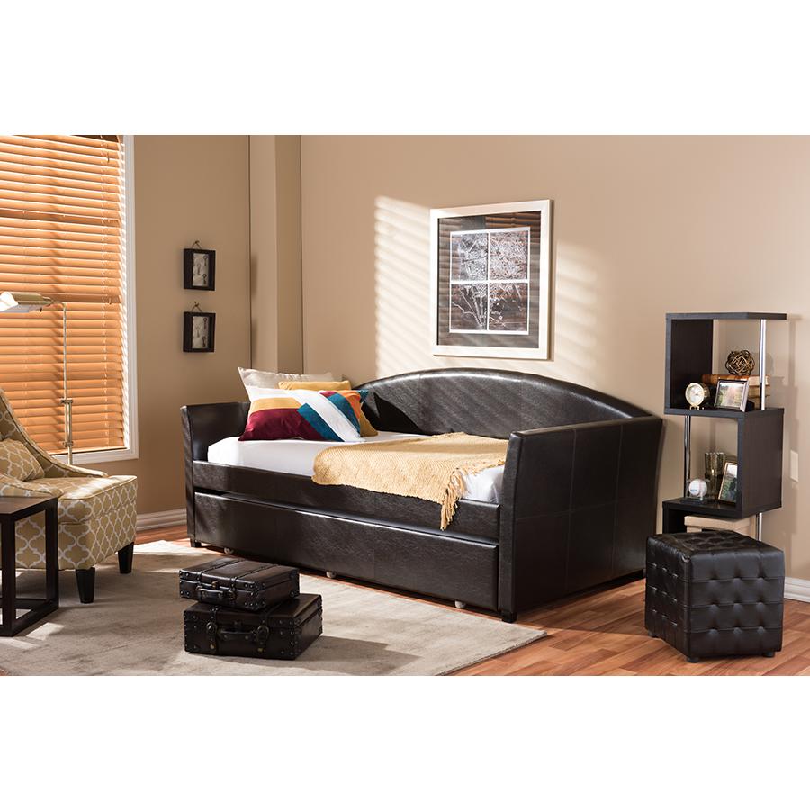 London Modern and Contemporary Brown Faux Leather Arched Back Sofa Twin Daybed. Picture 4