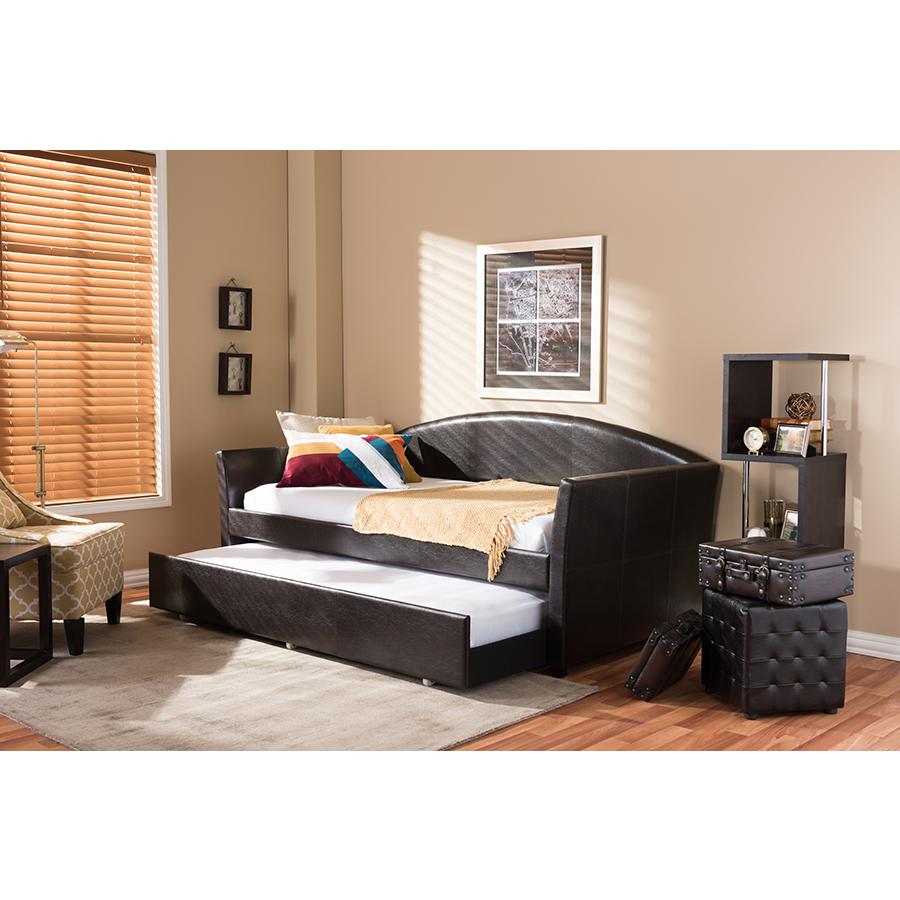 London Modern and Contemporary Brown Faux Leather Arched Back Sofa Twin Daybed. Picture 5