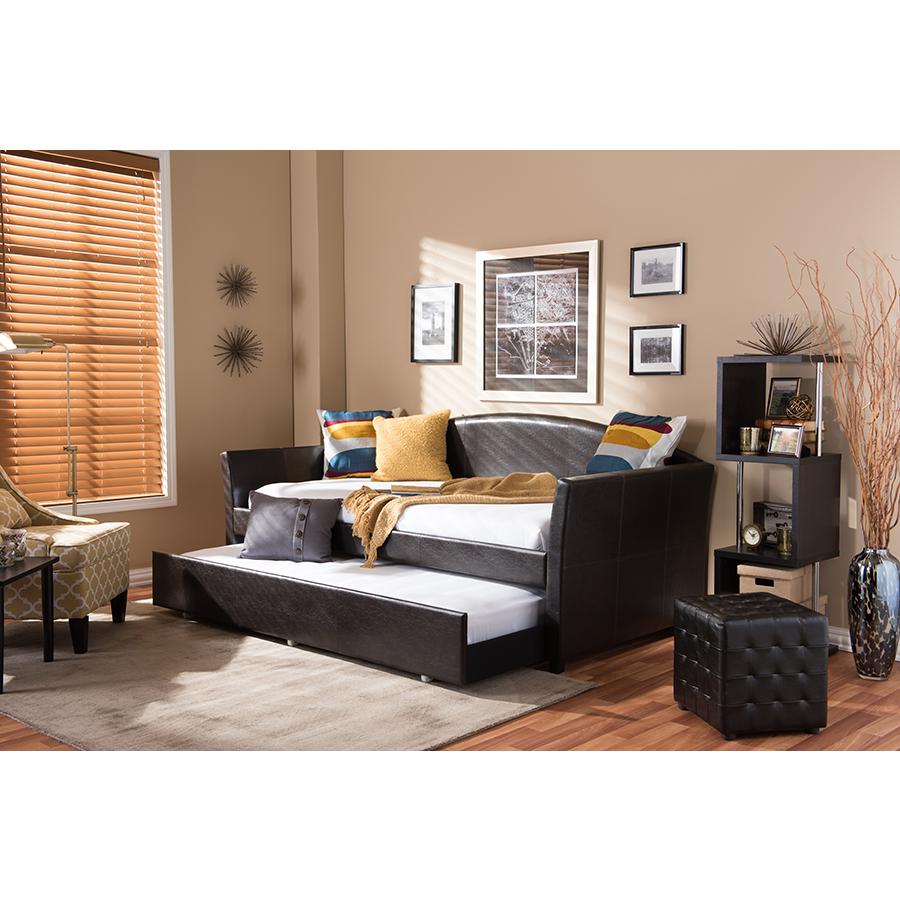 London Modern and Contemporary Brown Faux Leather Arched Back Sofa Twin Daybed. Picture 7