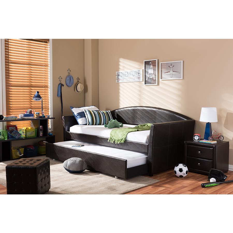 London Modern and Contemporary Brown Faux Leather Arched Back Sofa Twin Daybed. Picture 9