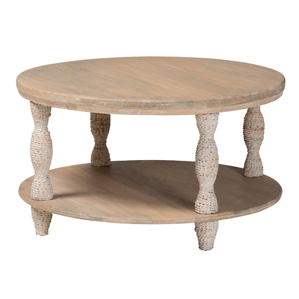 Lejane Wood Coffee Table with Seagrass Wrapped Legs - Round Living Room Table. Picture 1
