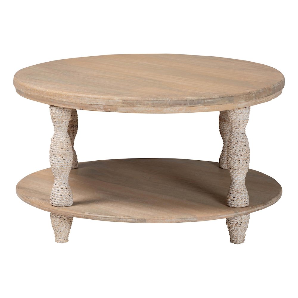 Lejane Wood Coffee Table with Seagrass Wrapped Legs - Round Living Room Table. Picture 2