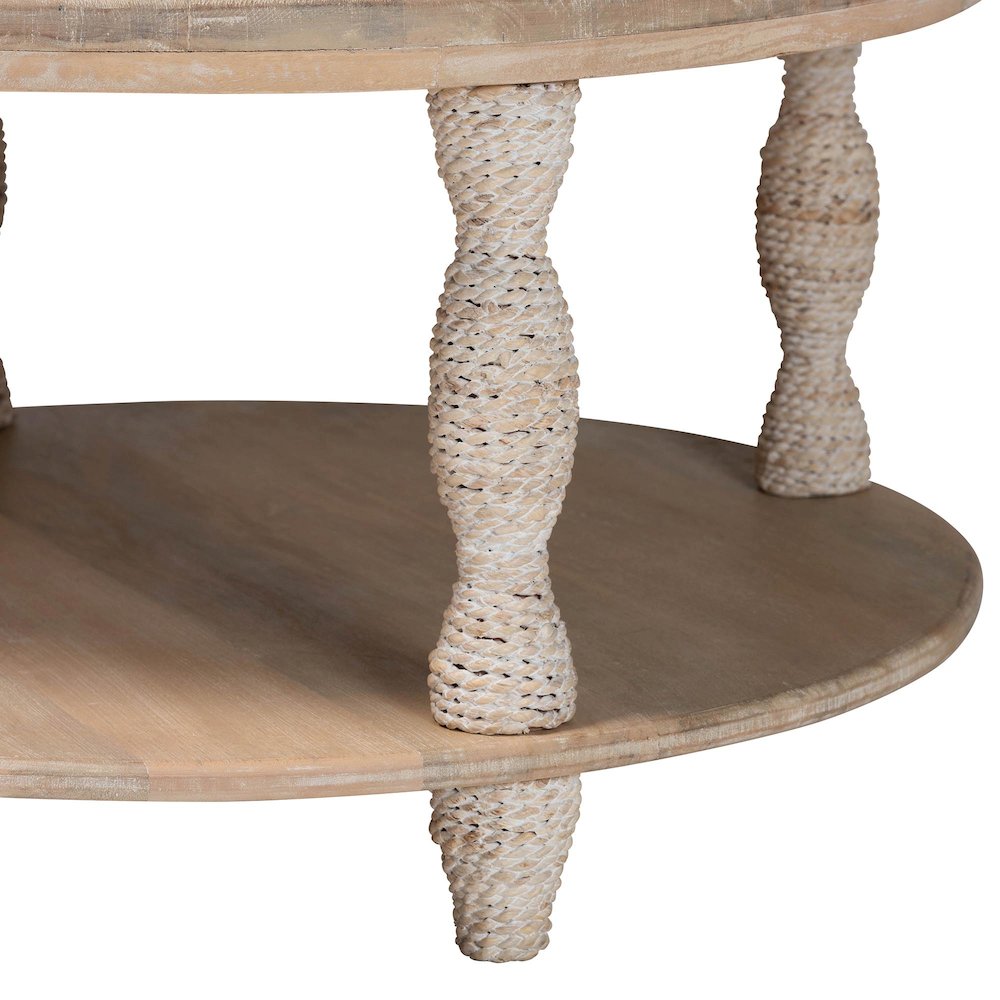 Lejane Wood Coffee Table with Seagrass Wrapped Legs - Round Living Room Table. Picture 3