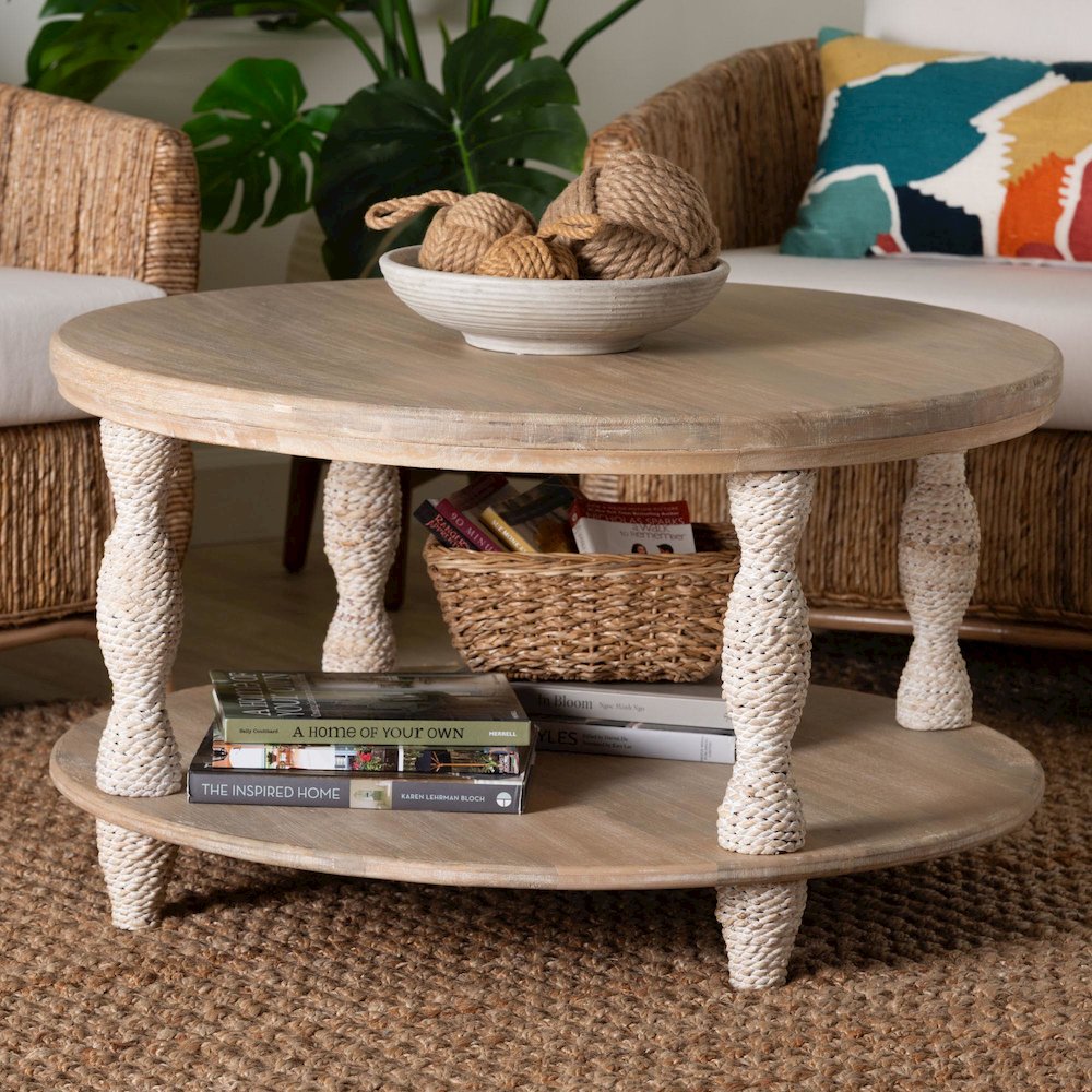 Lejane Wood Coffee Table with Seagrass Wrapped Legs - Round Living Room Table. Picture 5