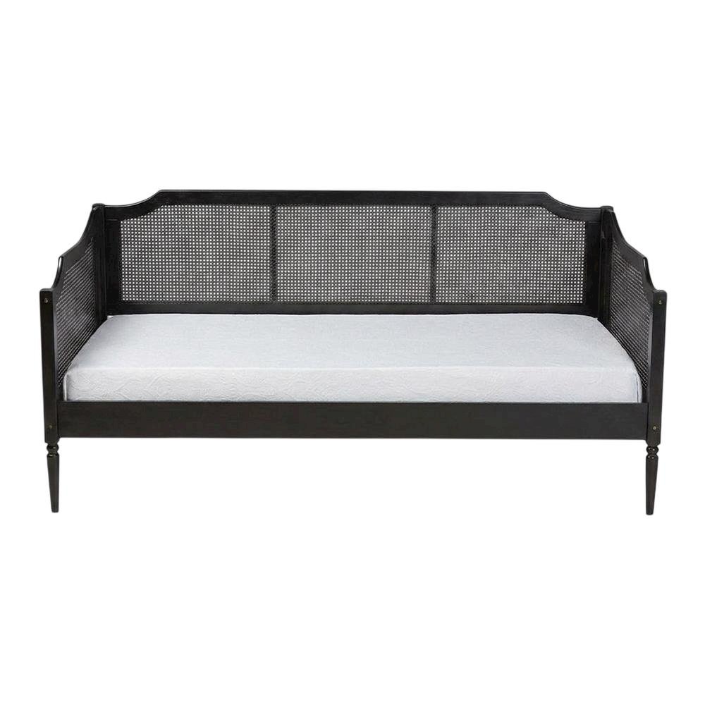 Mid-Century Wood and Synthetic Rattan Twin Daybed Frame, Black/Charcoal. Picture 1