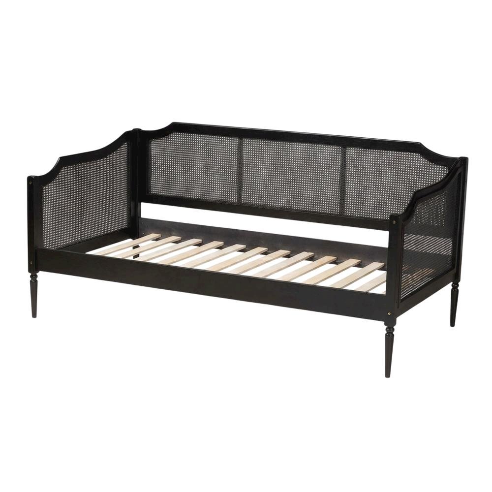 Mid-Century Wood and Synthetic Rattan Twin Daybed Frame, Black/Charcoal. Picture 4