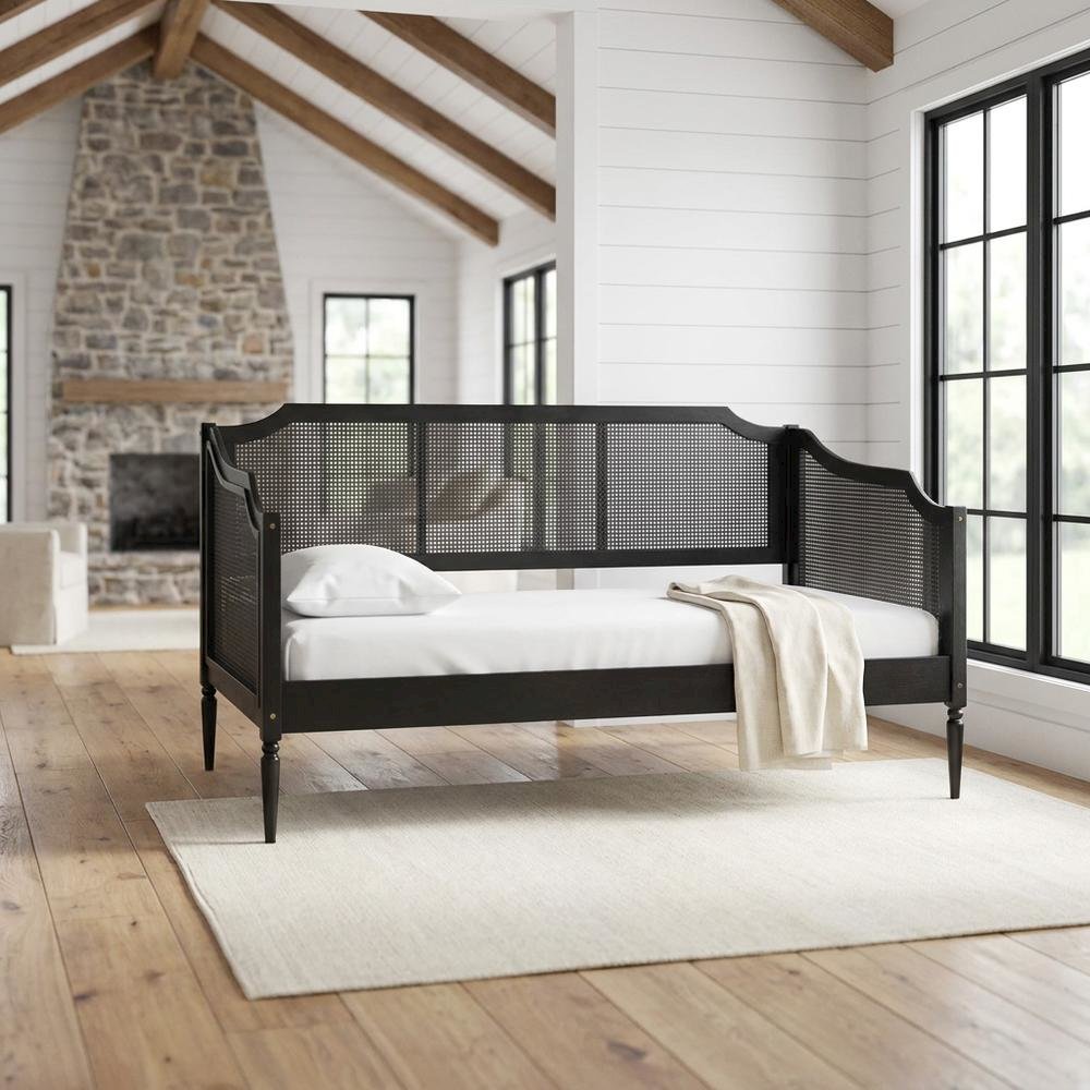 Mid-Century Wood and Synthetic Rattan Twin Daybed Frame, Black/Charcoal. Picture 2