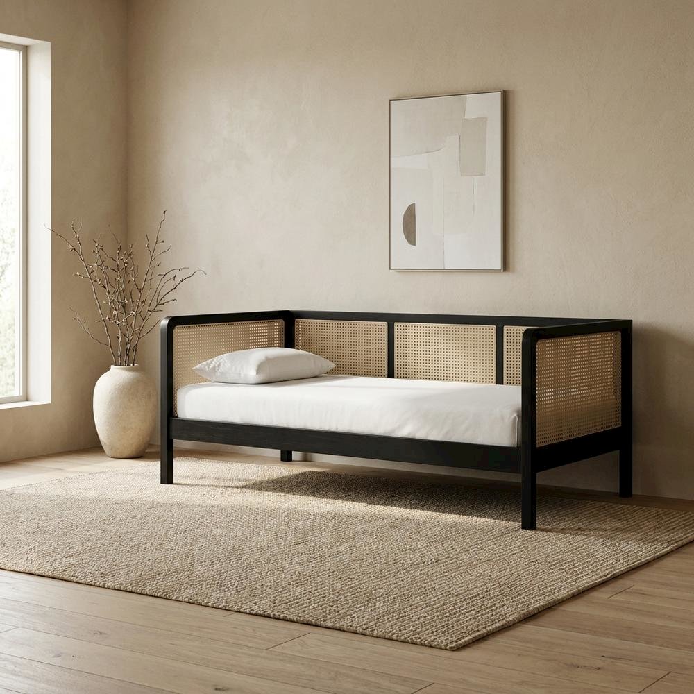 Mid-Century Wood and Synthetic Rattan Twin Daybed Frame, Black/Charcoal. Picture 3