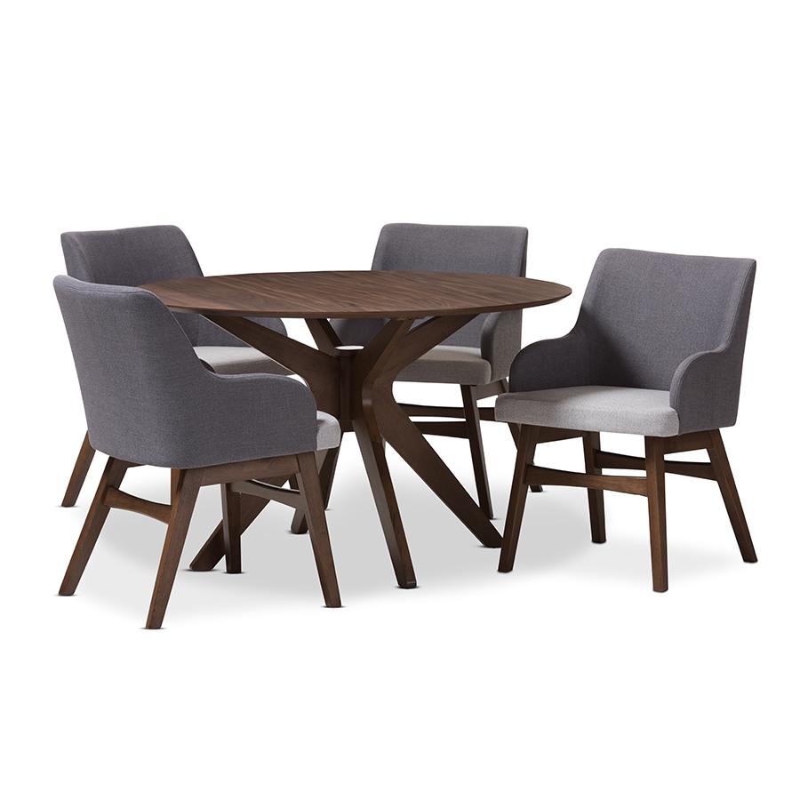 Monte Mid-Century Modern Walnut Wood Round 5-Piece Dining Set. Picture 1
