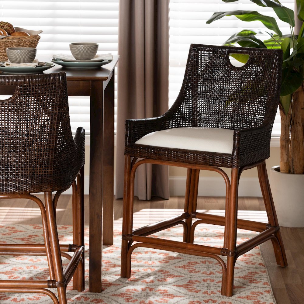Petra Natural Rattan Counter Stool - Handwoven Wicker Accent Stool, Espresso. Picture 8