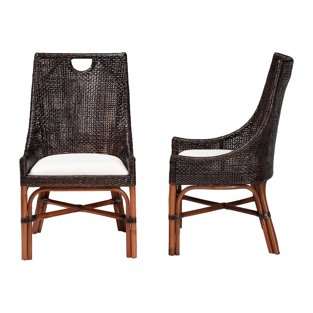 Petra Natural Rattan 2-Piece Dining Chair Set - Handwoven Wicker, Espresso. Picture 3