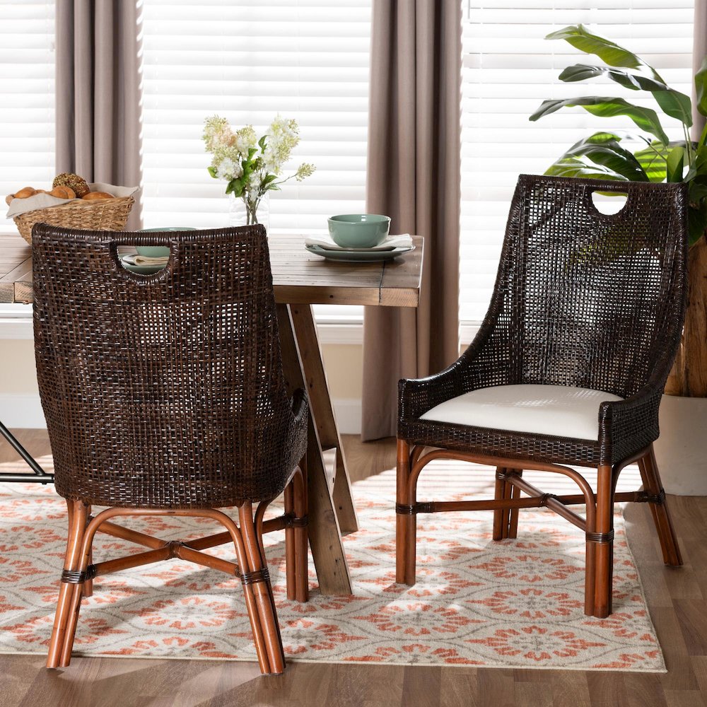 Petra Natural Rattan 2-Piece Dining Chair Set - Handwoven Wicker, Espresso. Picture 7