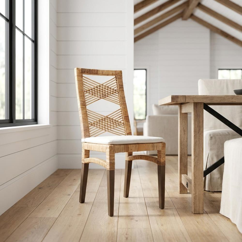 Rattan Dining Chair, White/Natural Brown. Picture 2
