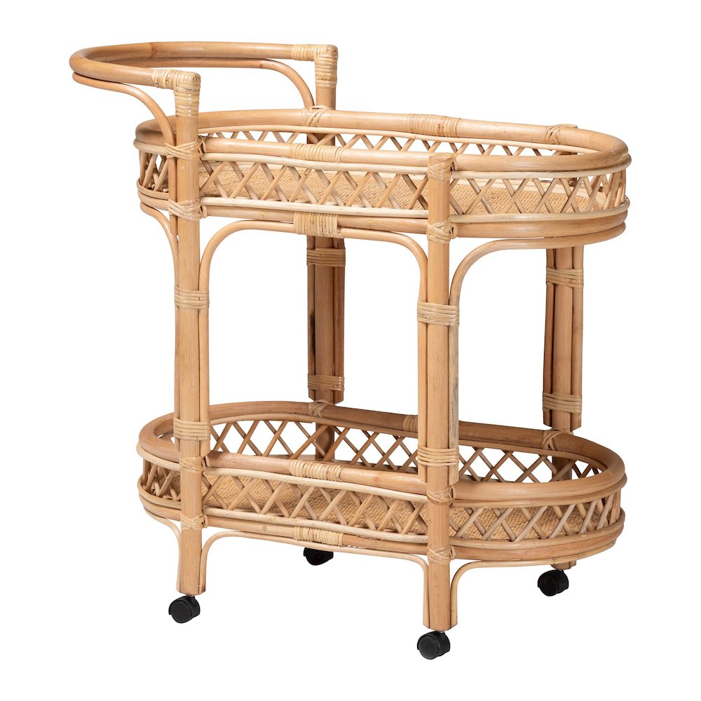 Raul Natural Rattan Kitchen Cart - 2-Tier Handwoven Wicker Storage Trolley with. Picture 1