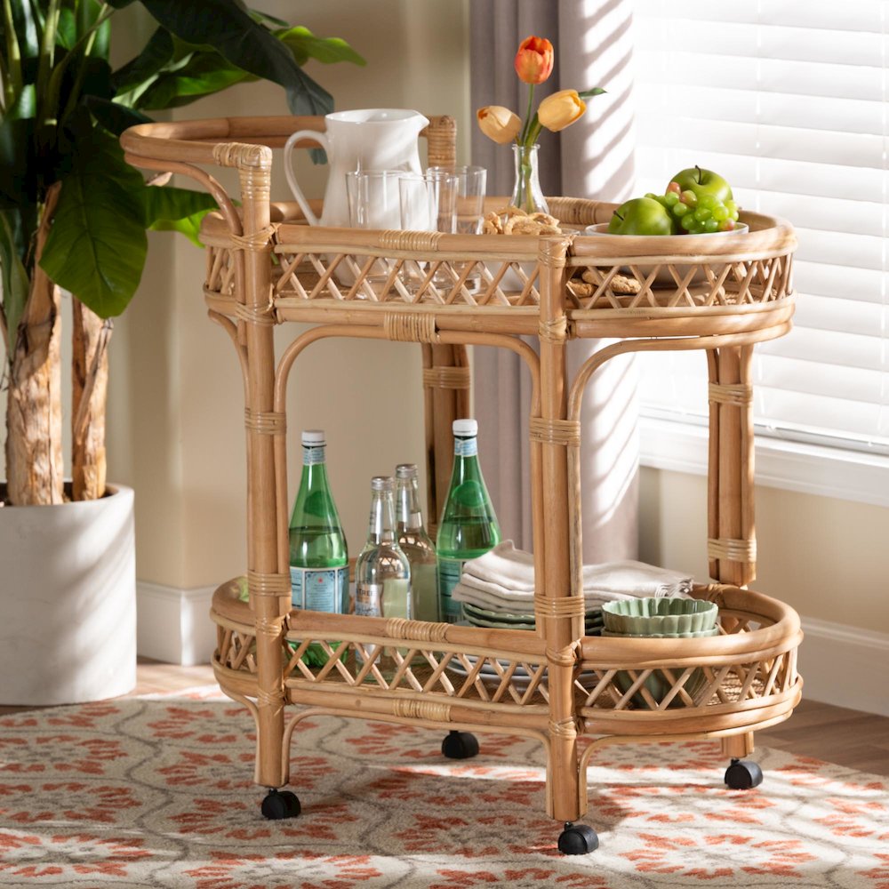 Raul Natural Rattan Kitchen Cart - 2-Tier Handwoven Wicker Storage Trolley with. Picture 8