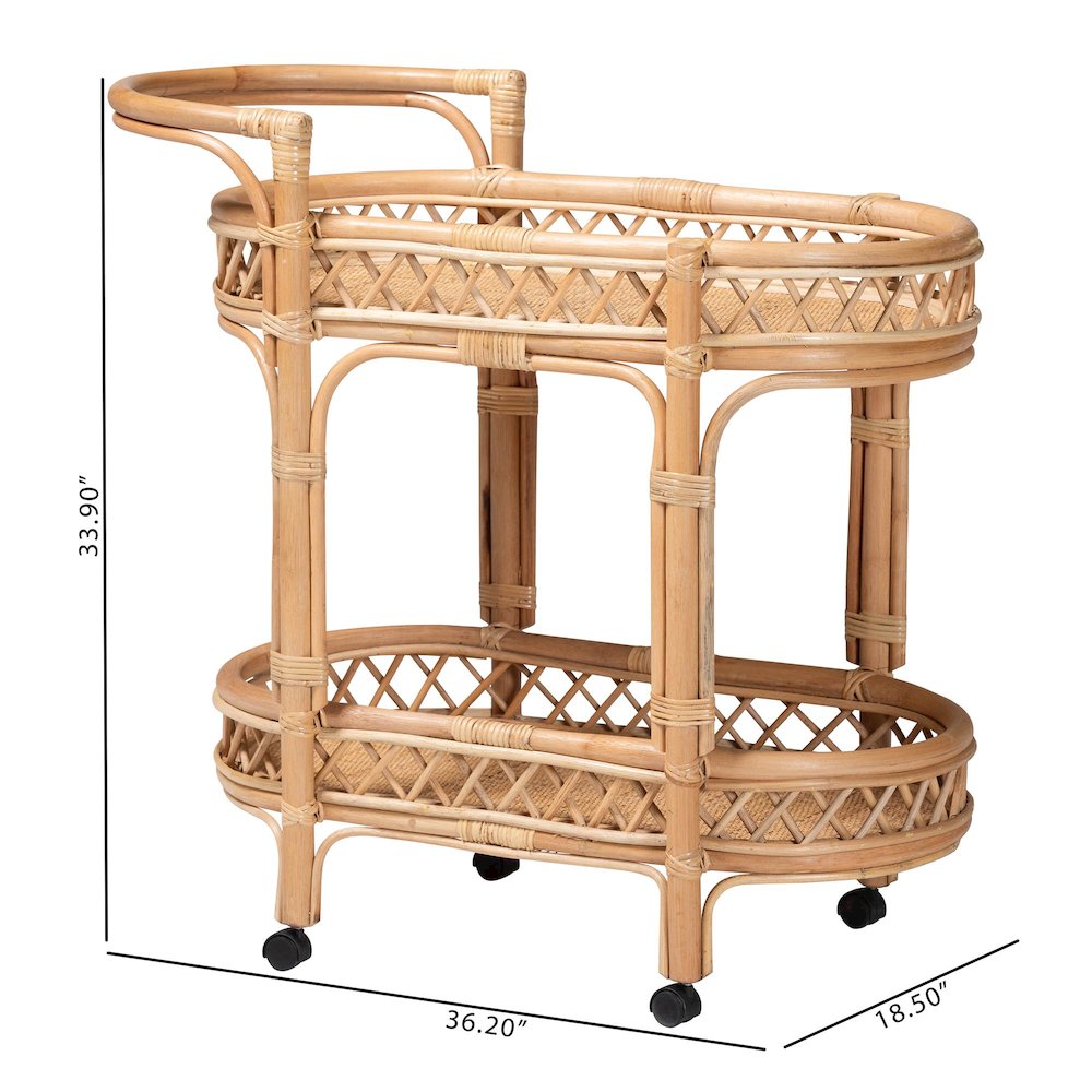 Raul Natural Rattan Kitchen Cart - 2-Tier Handwoven Wicker Storage Trolley with. Picture 9