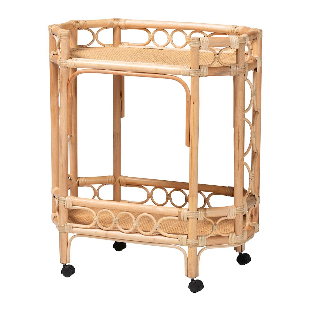Rene Natural Rattan Kitchen Cart - 2-Tier Handwoven Wicker Storage Trolley with. Picture 1