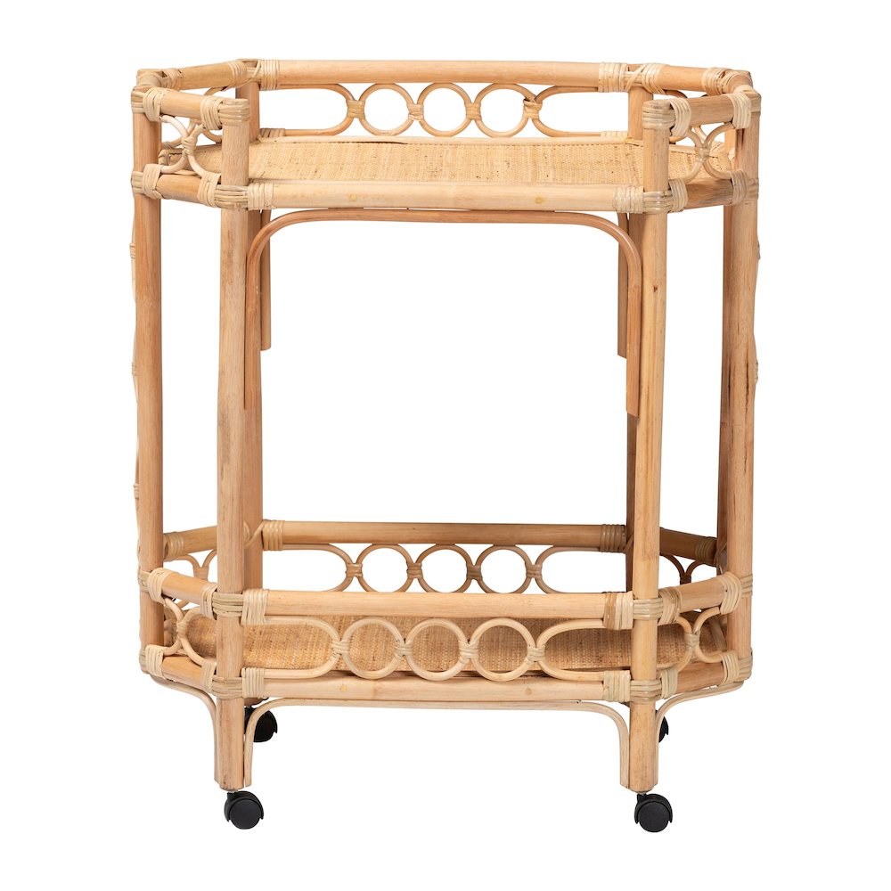 Rene Natural Rattan Kitchen Cart - 2-Tier Handwoven Wicker Storage Trolley with. Picture 2
