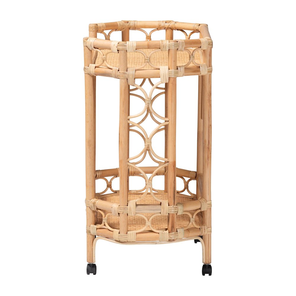 Rene Natural Rattan Kitchen Cart - 2-Tier Handwoven Wicker Storage Trolley with. Picture 3