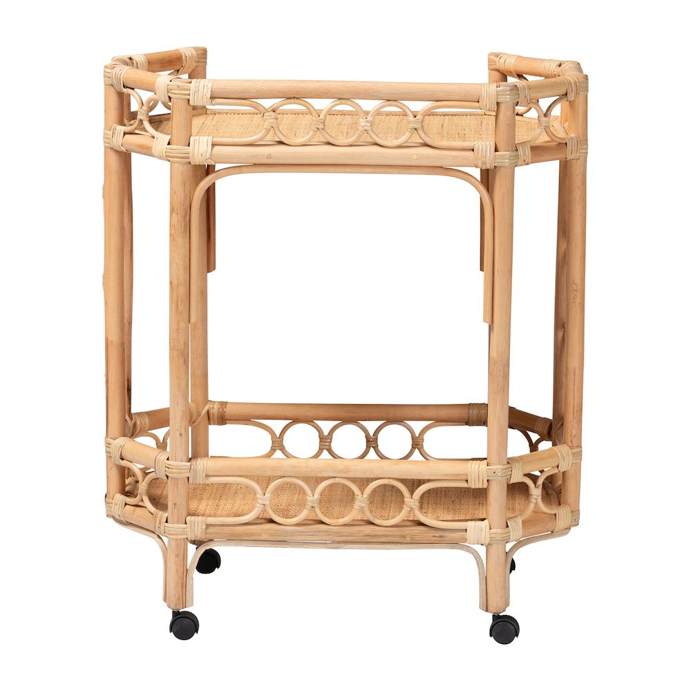 Rene Natural Rattan Kitchen Cart - 2-Tier Handwoven Wicker Storage Trolley with. Picture 4