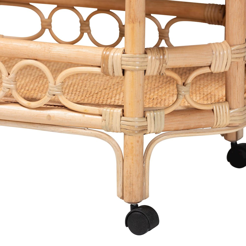 Rene Natural Rattan Kitchen Cart - 2-Tier Handwoven Wicker Storage Trolley with. Picture 6