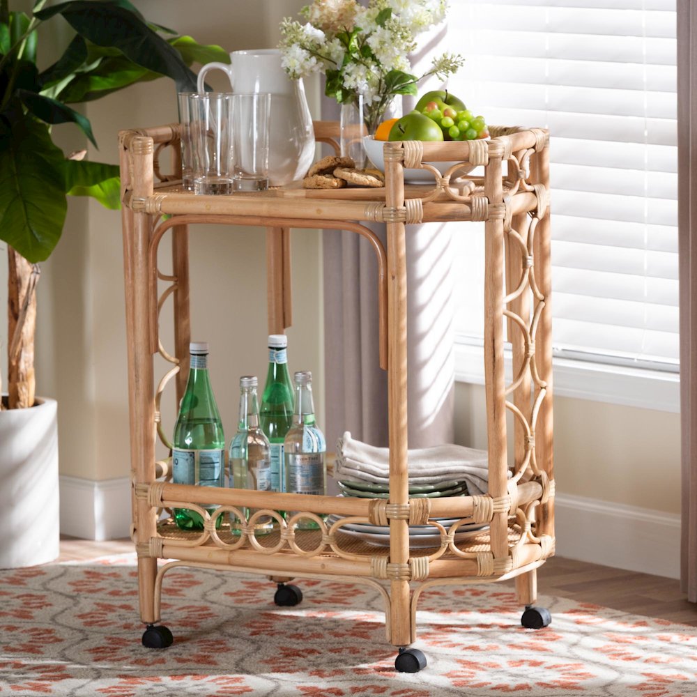 Rene Natural Rattan Kitchen Cart - 2-Tier Handwoven Wicker Storage Trolley with. Picture 8