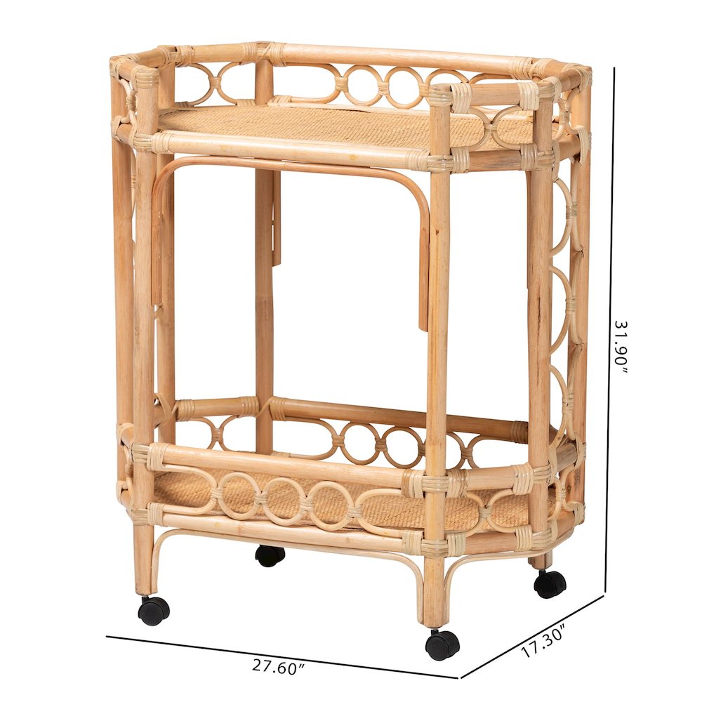 Rene Natural Rattan Kitchen Cart - 2-Tier Handwoven Wicker Storage Trolley with. Picture 9