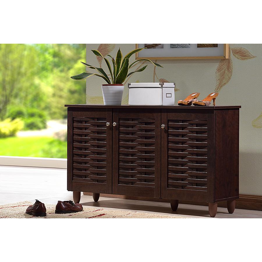 3-Door Dark Brown Wooden Entryway Shoes Storage Cabinet. Picture 5
