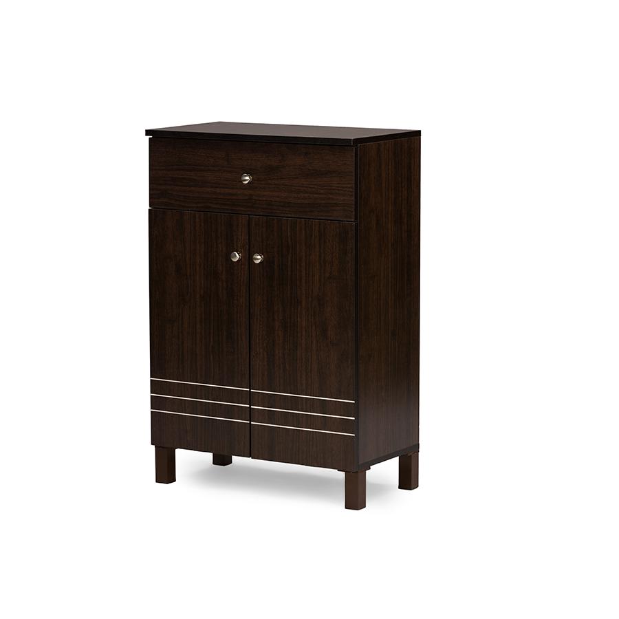 Baxton Studio Felda Dark Brown Modern Shoe Cabinet with 2 Doors and Drawer. Picture 2