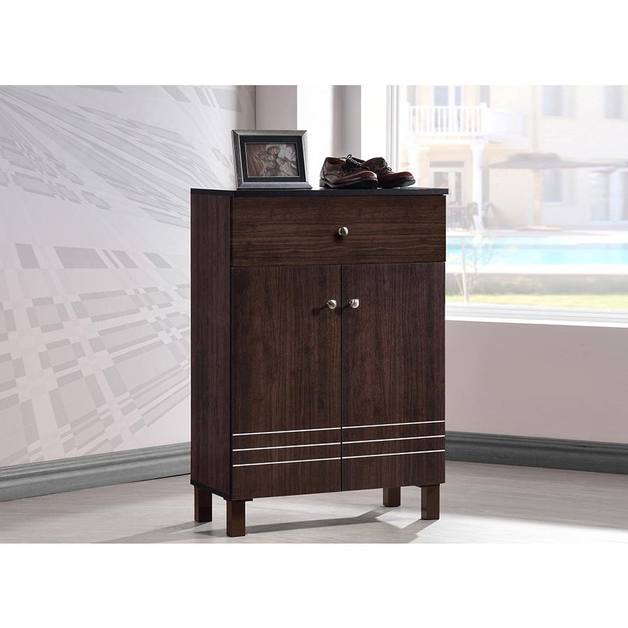 Baxton Studio Felda Dark Brown Modern Shoe Cabinet with 2 Doors and Drawer. Picture 5