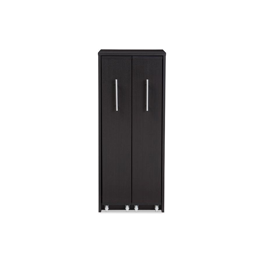 Dark Brown Wood Bookcase with Two Pulled-out Doors Shelving Cabinet. Picture 1