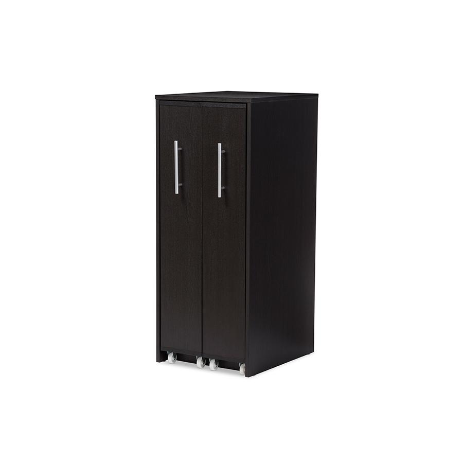 Dark Brown Wood Bookcase with Two Pulled-out Doors Shelving Cabinet. Picture 2