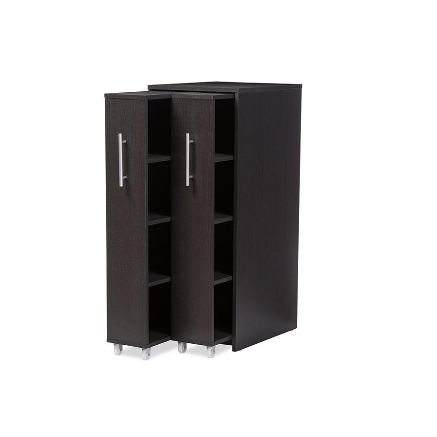 Dark Brown Wood Bookcase with Two Pulled-out Doors Shelving Cabinet. Picture 3