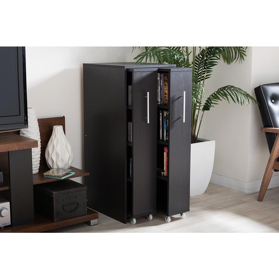 Lindo Dark Brown Wood Bookcase with Two Pulled-out Doors Shelving Cabinet. Picture 5