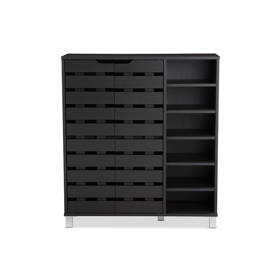 Dark Brown Wood 2-Door Shoe Cabinet with Open Shelves. Picture 6