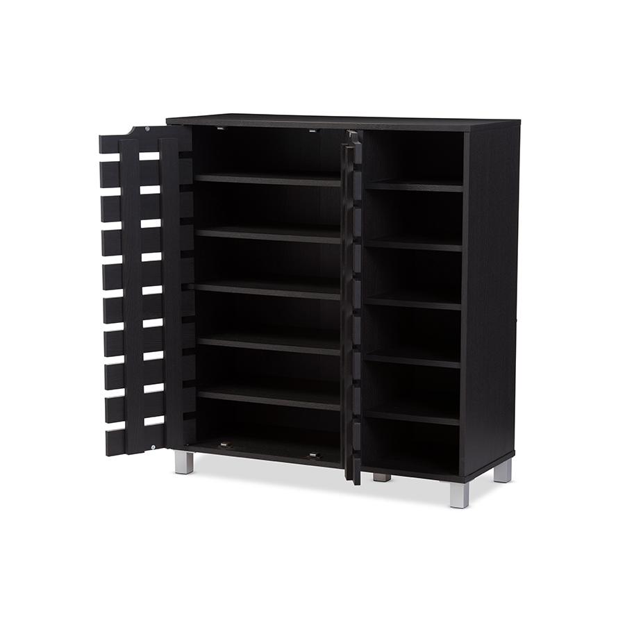 Dark Brown Wood 2-Door Shoe Cabinet with Open Shelves. Picture 2