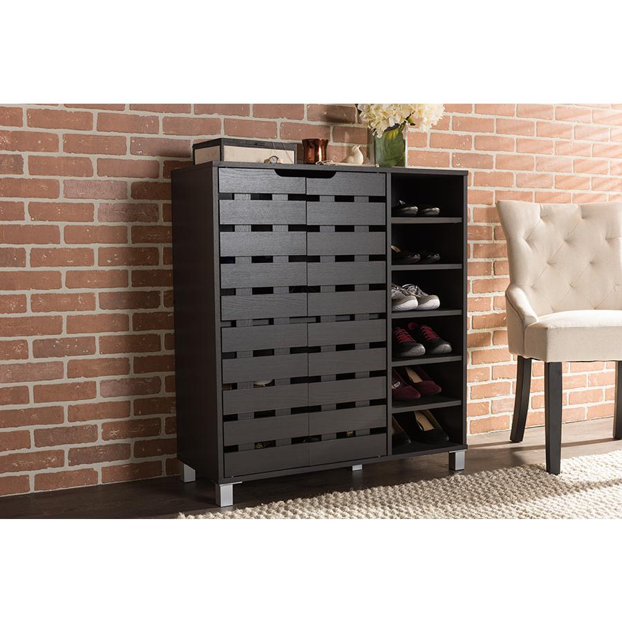 Dark Brown Wood 2-Door Shoe Cabinet with Open Shelves. Picture 4