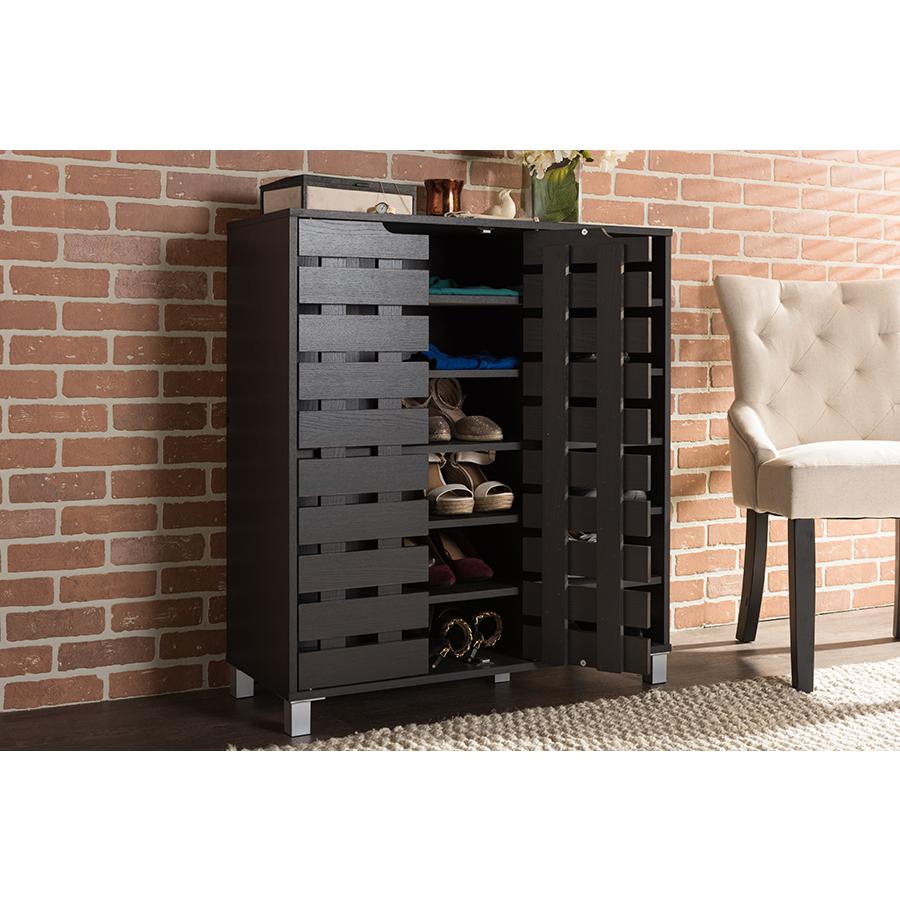 Dark Brown Wood 2-Door Shoe Cabinet with Open Shelves. Picture 5