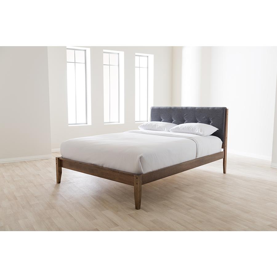 Leyton Mid-Century Modern Grey Fabric Upholstered King Size Platform Bed. Picture 7