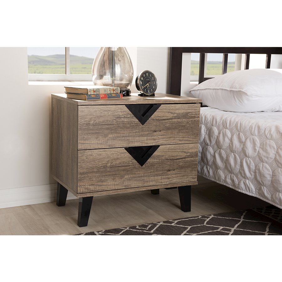 Light Brown Wood 2-Drawer Nightstand. Picture 3