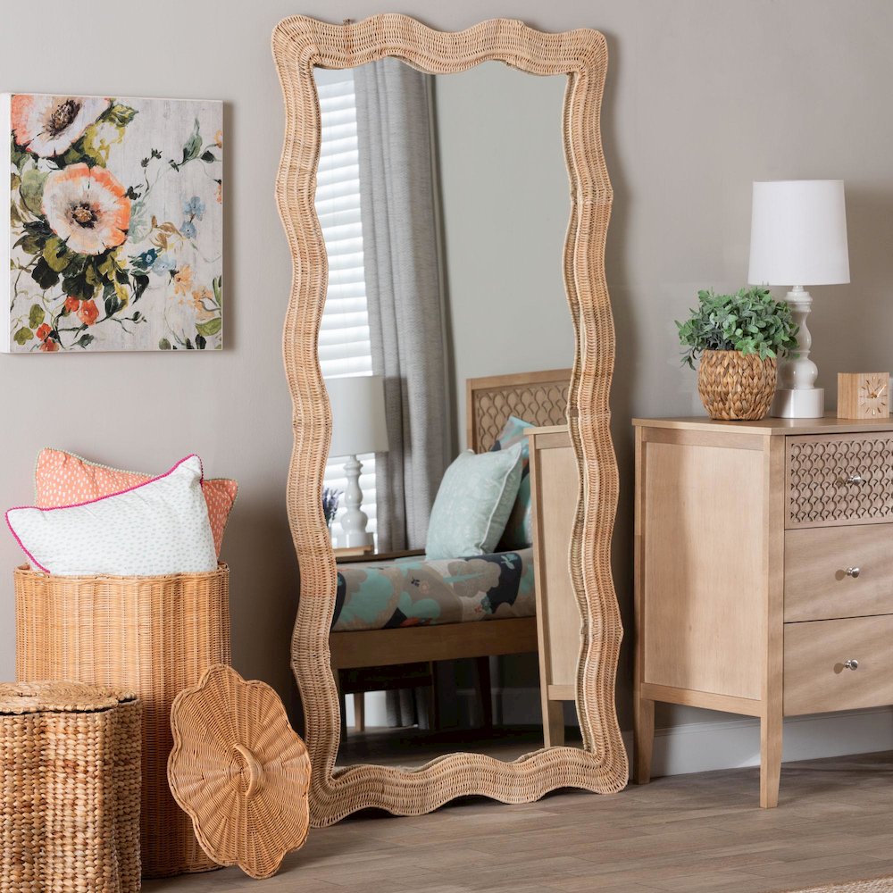 Hasana Natural Rattan Floor Mirror - Scalloped Frame Full Length Accent Mirror. Picture 4