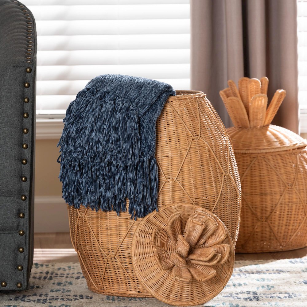 Pelham Natural Rattan Laundry Hamper - Handwoven Wicker Storage Basket, Large. Picture 6
