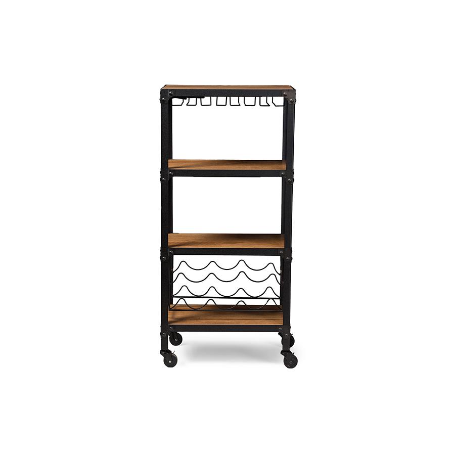 Textured Finish Metal Distressed Wood Mobile Kitchen Bar Wine Storage Shelf. Picture 4