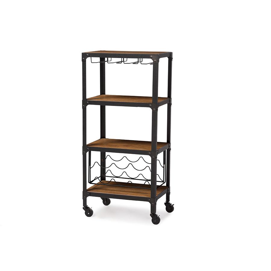 Textured Finish Metal Distressed Wood Mobile Kitchen Bar Wine Storage Shelf. Picture 1