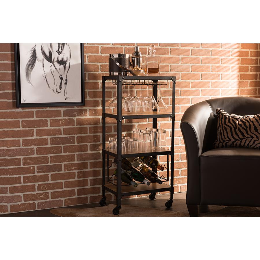 Textured Finish Metal Distressed Wood Mobile Kitchen Bar Wine Storage Shelf. Picture 3