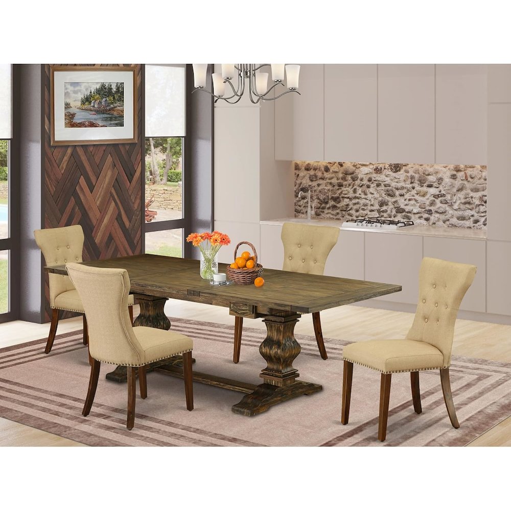 5 Piece Dinette Set for 4 Includes a Rectangle Dining Room Table with Removable Leaf and 4 Brown Linen Fabric Upholstered Chairs, 42x92 Inch, Jacobean. Picture 3