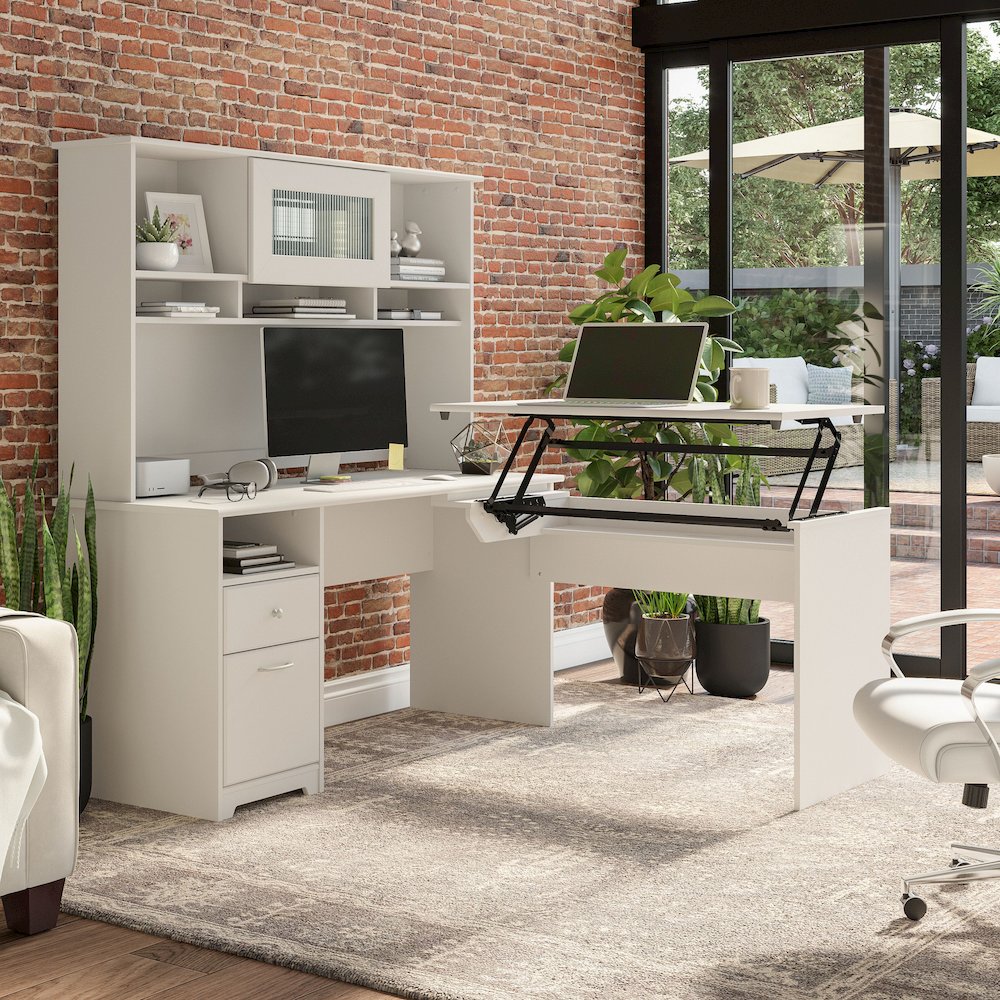 Cabot 60W 3 Position Sit to Stand L Shaped Desk with Hutch. Picture 2