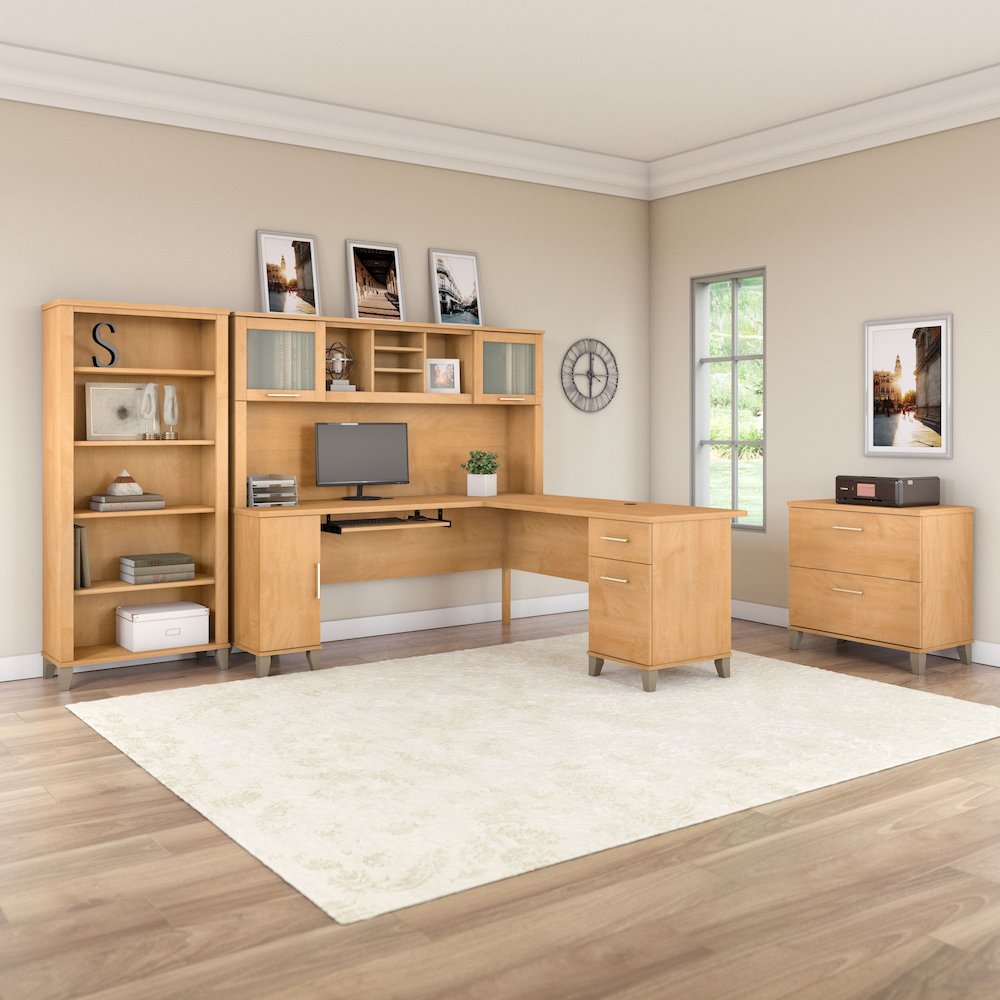 Somerset 72W L Shaped Desk with Hutch, Lateral File Cabinet and Bookcase. Picture 2
