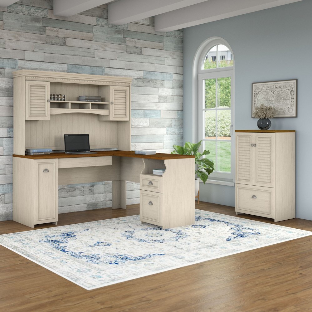 Fairview 60W L Shaped Desk with Hutch and Storage Cabinet with File Drawer. Picture 2
