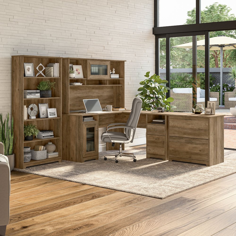 Cabot 60W L Shaped Computer Desk with Hutch, File Cabinet and Bookcase. Picture 2